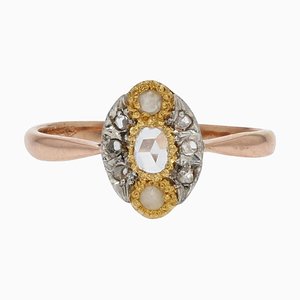 Anello Marquise in oro rosa, 18 carati, color perla e diamanti, XIX secolo