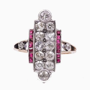 Art Decò Ring in 14K Gold with Old Cut Diamonds and Rubies, 1930s