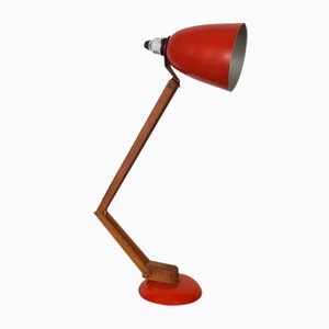 Rote Maclamp Vintage Tischlampe mit Holzarmen