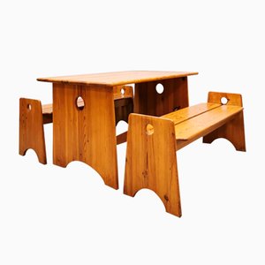 Mid-Century Swedish Pine Wood Benches & Dining Set from Gilbert Marklund, Set of 3