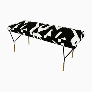 Italian Modern Black Lacquered Iron and Patterned Cotton Stool, 1970s