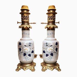 French Oil Lamps in Opaline Glass with Hand-Painted Bronze Finishing, Set of 2