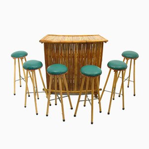 Bar et Tabourets en Bambou, 1970s, Set de 7