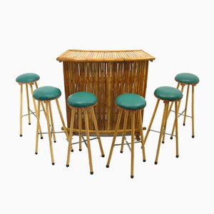 Taburetes de bar de bambú, años 70. Juego de 7