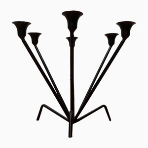 Mid-Century Dreibein Kerzenhalter aus Metall in Faden-Optik