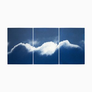 Tríptico extra grande de ondas de nubes, estampado cyanotype, 2021