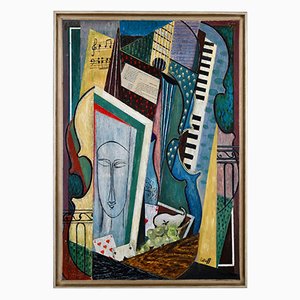 Petroff, Composición cubista después de Modigliani, años 80, óleo a bordo, enmarcado