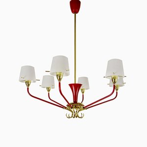 Lampadario Mid-Century a sei luci rosso e oro di Stilnovo, Italia, anni '50