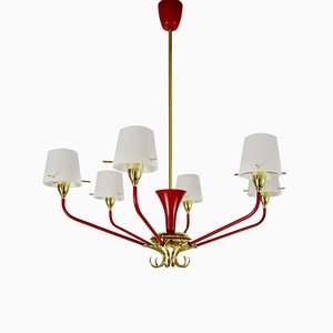 Lámpara de araña italiana Mid-Century en rojo y dorado de 6 luces de Stilnovo, años 50