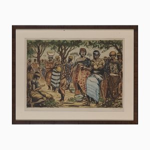 Kerels Henry, Kongo Indigenous Market, Epreuve d'artiste inciso e colorato, incorniciato e firmato