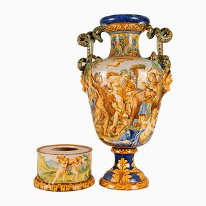 Tall Italian Majolica Serpentine Handles Vase with Separate Base Depicting Mythological Scene by Annibale Carracci, Farnese Gallery, Rome, 1597