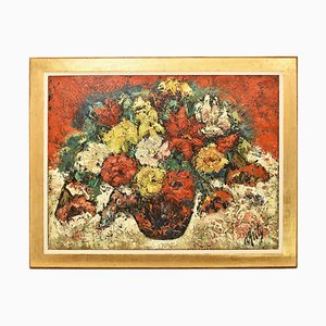 Peinture Nature Morte de Roses dans un Vase, Huile sur Toile, 20ème Siècle