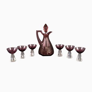 Vintage Glass Decanter and Six Glasses, Set of 7