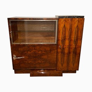 Art Deco Bar Sideboard in Walnut Veneer & Nickel with Glass Door, France, 1930s