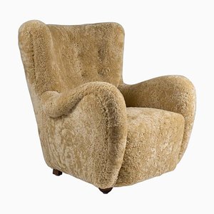 Fauteuil Mid-Century Scandinave en Peau de Mouton