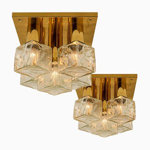 Flush Mount Light or Sconce in Brass and Ice Glass from Kalmar, 1970s