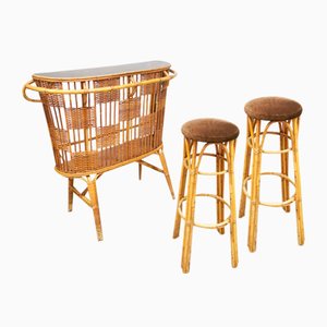 Vintage Cocktail Bar & Hocker aus Rattan, 4er Set