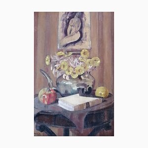 Piero Poraccia, Still Life with Bouquet, Book, Pipe & Fruits, 1924, Painting, Framed