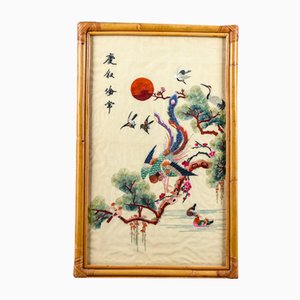 Orientalist Silk Embroidery Panel in Bamboo Frame, Italy, 1960s