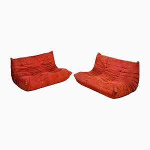 Vintage Red Nubuck Leather Togo Sofa by Michel Ducaroy for Ligne Roset