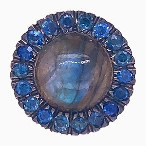 Berca Blue Sapphire Round Natural Labradorite Cabochon Rose Gold Cocktail Ring