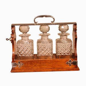 19th-Century Silver Metal & Oak Liquor Cellar & Bottles, Set of 4