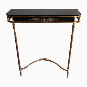 Neoclassical Style Brass and Lacquered Metal Console with Blueish Glass & Palm Leaf Decoration, France, 1940s