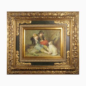 Children With Dog - Signed Oil Painting in Prunkrahmen