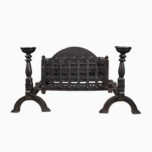 Vintage English Medieval Revival Fireplace Set with Fire Basket & Grate in Iron