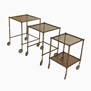 Mid-Century Brass Nesting Tables with Glass Shelves, Italy, 1960s, Set of 3