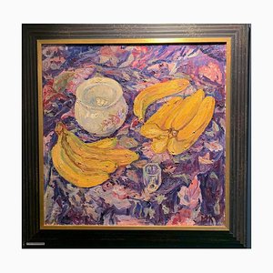 Maya Kopitzeva, Still Life, Bananas, Peaches and Grapes, Oil on Canvas, 1980