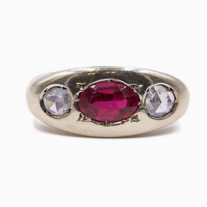 14K Gold Mens Ring with Ruby ​​and Side Rosette Cut Diamonds, 1960s