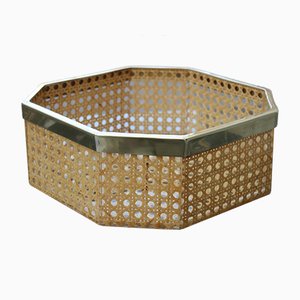 Hexagonal Box or Tray in Acrylic Glass, Straw and Brass in the Style of Gabriella Crespi, Italy