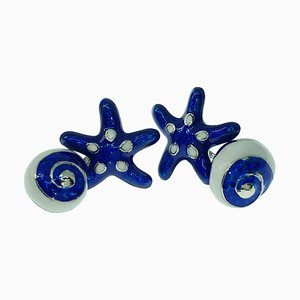 Navy Blue & White Hand-Enameled Seashell and Starfish Cufflinks in Sterling Silver from Berca