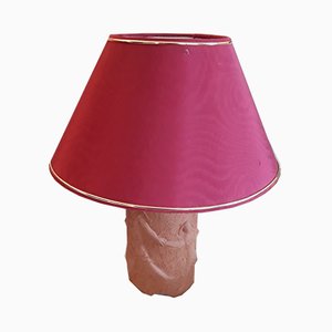 Vintage Table Lamp with Handmade Ceramic Column Base, Relief Decoration & Red Fabric Shade by Franke, 1977