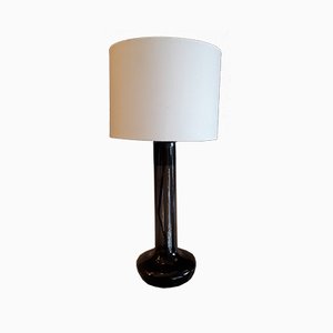 Vintage Table Lamp with Smoked Glass Base and Cream Fabric Shade from Pileprodukter Landskrona, Sweden, 1970s