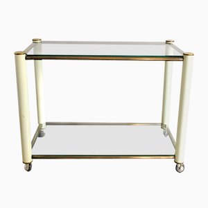 Brass and Beige Lacquered Metal Drinks Trolley with 2 Glass Shelves in the Style of Tommaso Barbi, 1970s