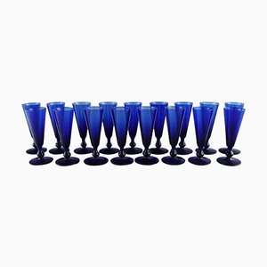 Small Cocktail Glasses in Blue Mouth Blown Glass by Monica Bratt for Reijmyre, Set of 17