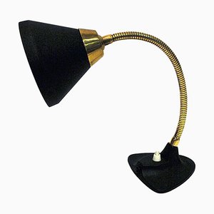Black Metal Table and Wall Lamp with Brass Neck from Ewå Värnamo, 1950s, Sweden