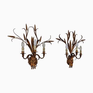 Mid-Century Italian or French Gilt Toleware Wheat Sheaf Wall Sconces, Set of 2