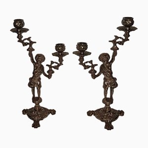 Italian Brass Cherub Candelabras, Set of 2