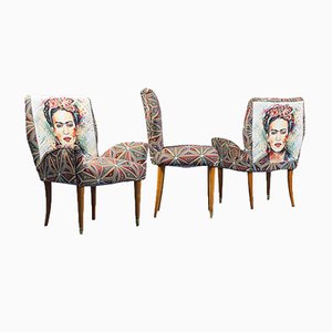 Fabric and Wood Chairs, 1950s, Set of 3