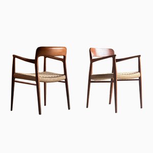 Model 56 & Model 75 Teak & Papercord Dining Chairs by Niels Moller for J. L. Møllers, 1960s, Set of 12