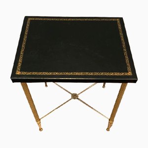 Small Brass and Gold-Trimmed Leather Side Table, France, 1940s