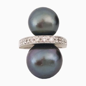 Tahitian Black Pearl and White Diamond Toi Et Moi Cocktail Ring from Berca