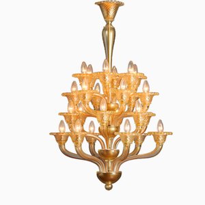 Chandelier in Clear Murano Glass & 24kt Gold
