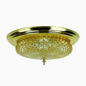 Mid-Century Plafoniere Amber Glass Structure Brass Ceiling Lamp, 1970s