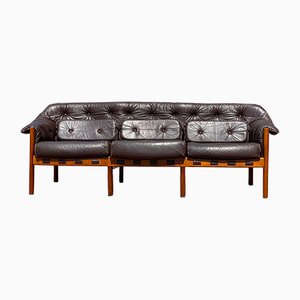 Mid-Century Patinated Brown Leather Sofa by Arne Norell, Sweden, 1960s