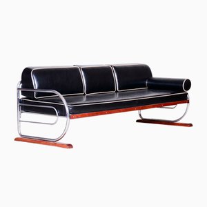 Restored Bauhaus Black Leather & Tubular Chrome Sofa by Robert Slezák, 1930s