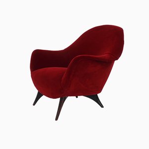Round Red Velvet Armchair in the Style of Ico Parisi, Italy, 1950s